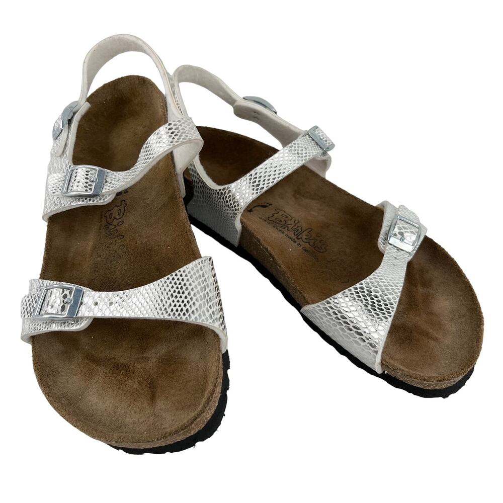 Birki's Sandals Silver White Adjustable Buckles L8M6 - Picture 2 of 9